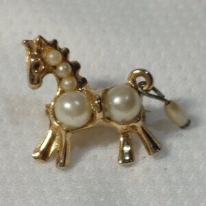 Vintage Gold Tone Faux Pearl Horse Brooch Pin